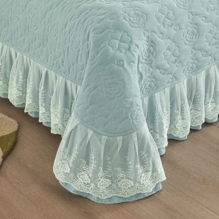 Luxury Quilted Cotton Bedspread with Lace Ruffle Trim in Sky Blue
