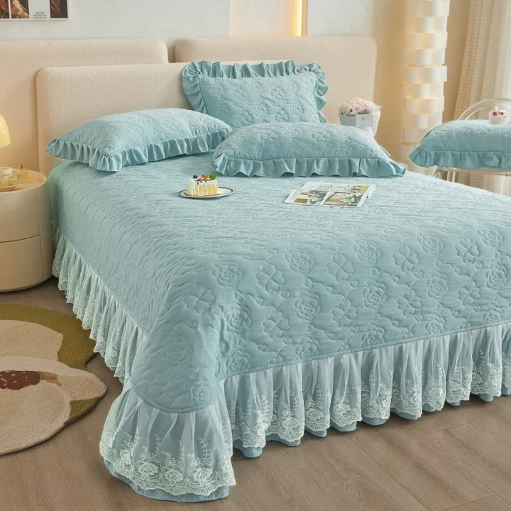 Luxury Quilted Cotton Bedspread with Lace Ruffle Trim in Sky Blue