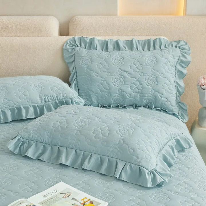 Luxury Quilted Cotton Bedspread with Lace Ruffle Trim in Sky Blue