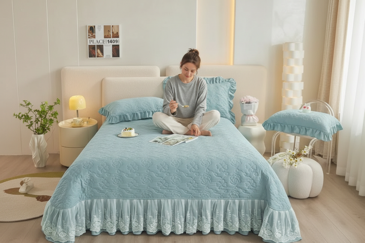 Luxury Quilted Cotton Bedspread with Lace Ruffle Trim in Sky Blue
