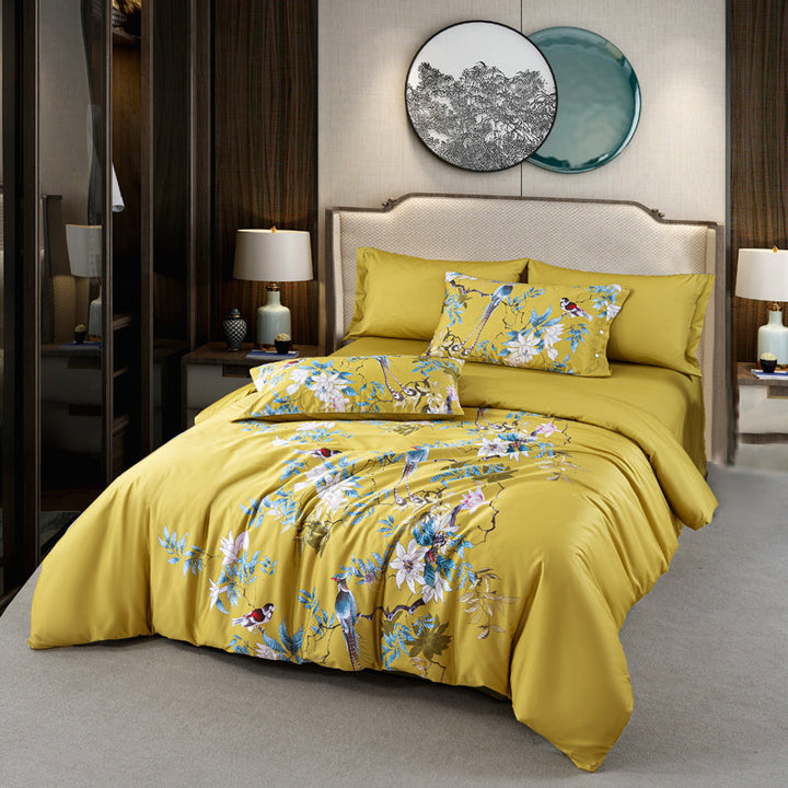 Luxury Botanical Egyptian Cotton Duvet Cover Set in Golden Yellow (500TC)