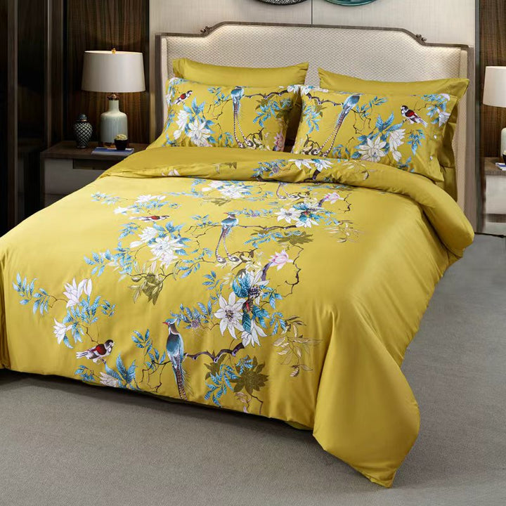 Luxury Botanical Egyptian Cotton Duvet Cover Set in Golden Yellow (500TC)