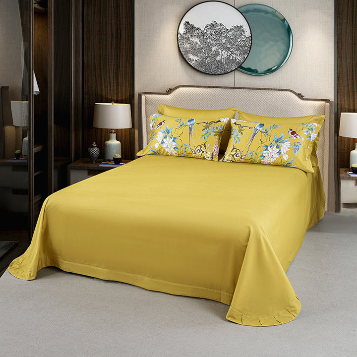 Luxury Botanical Egyptian Cotton Duvet Cover Set in Golden Yellow (500TC)