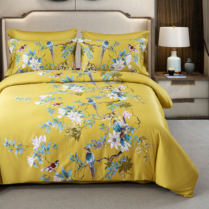 Luxury Botanical Egyptian Cotton Duvet Cover Set in Golden Yellow (500TC)