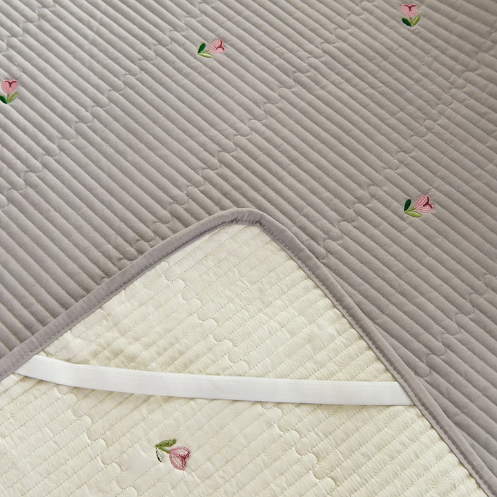 Luxury Quilted Cotton Bedspread with Embroidered Floral Detail in Soft Grey