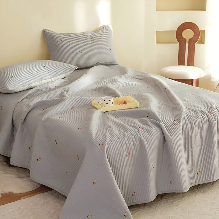 Luxury Quilted Cotton Bedspread with Embroidered Floral Detail in Soft Grey