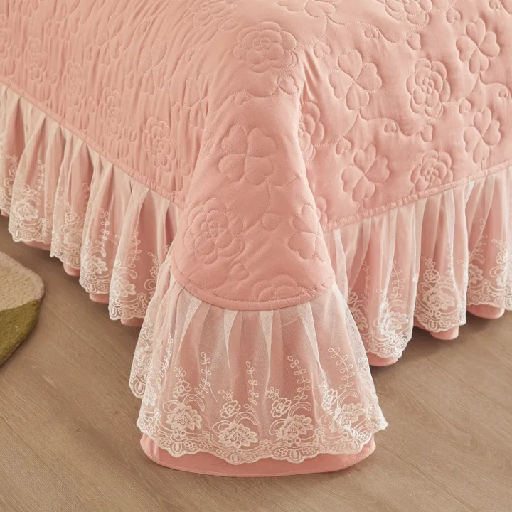 Luxury Quilted Cotton Bedspread with Lace Ruffle Trim in Blush Pink