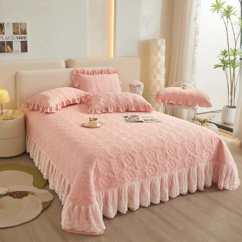 Luxury Quilted Cotton Bedspread with Lace Ruffle Trim in Blush Pink