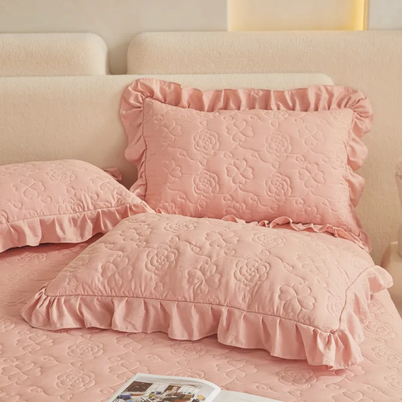 Luxury Quilted Cotton Bedspread with Lace Ruffle Trim in Blush Pink