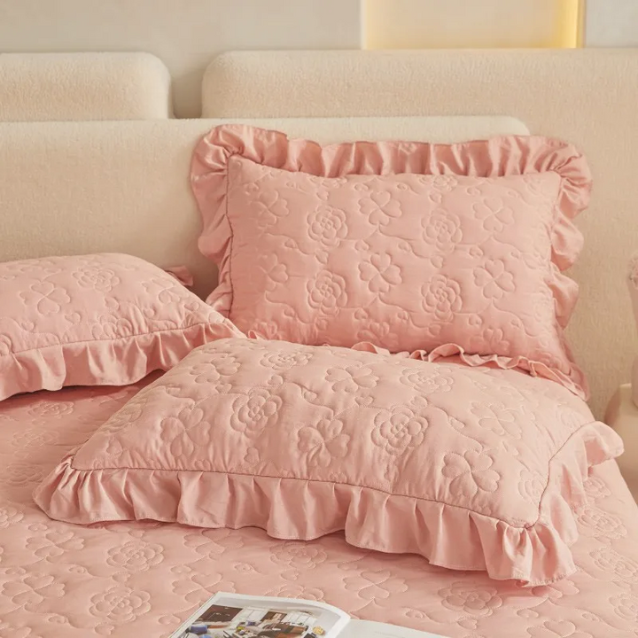 Luxury Quilted Cotton Bedspread with Lace Ruffle Trim in Blush Pink