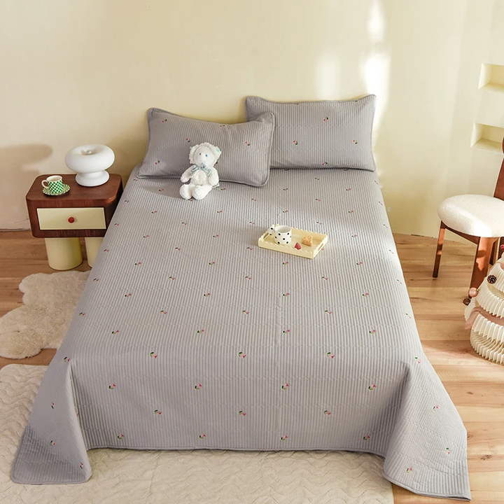 Luxury Quilted Cotton Bedspread with Embroidered Floral Detail in Soft Grey