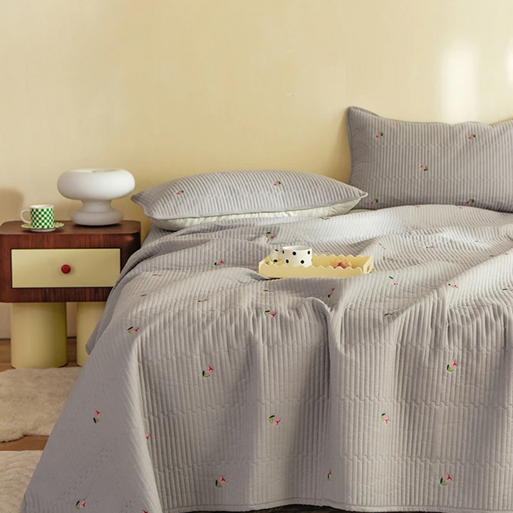 Luxury Quilted Cotton Bedspread with Embroidered Floral Detail in Soft Grey