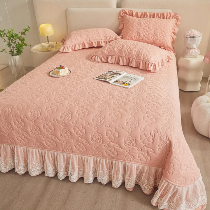 Luxury Quilted Cotton Bedspread with Lace Ruffle Trim in Blush Pink