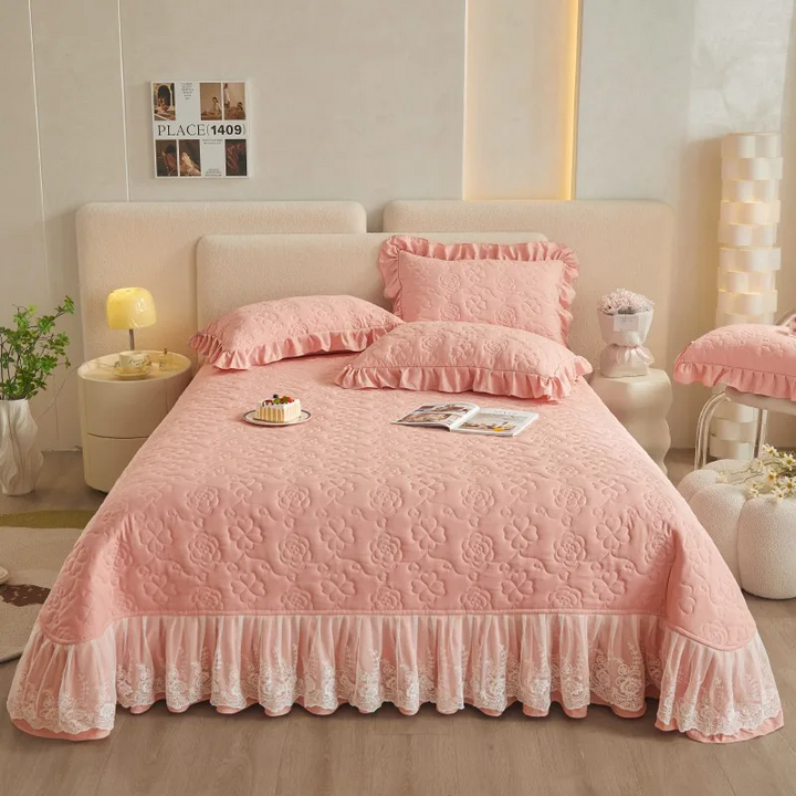 Luxury Quilted Cotton Bedspread with Lace Ruffle Trim in Blush Pink