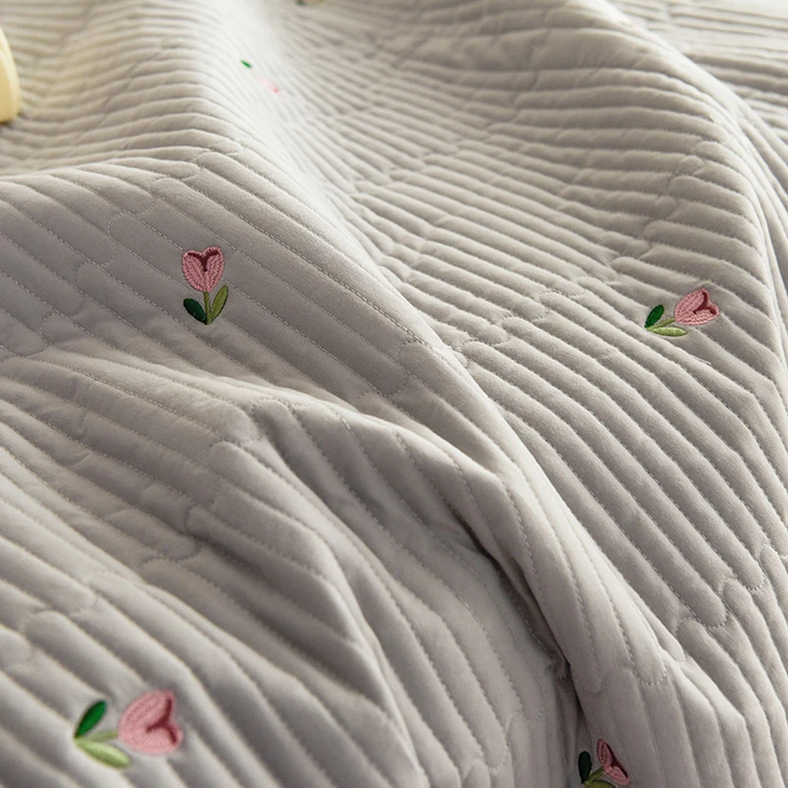 Luxury Quilted Cotton Bedspread with Embroidered Floral Detail in Soft Grey