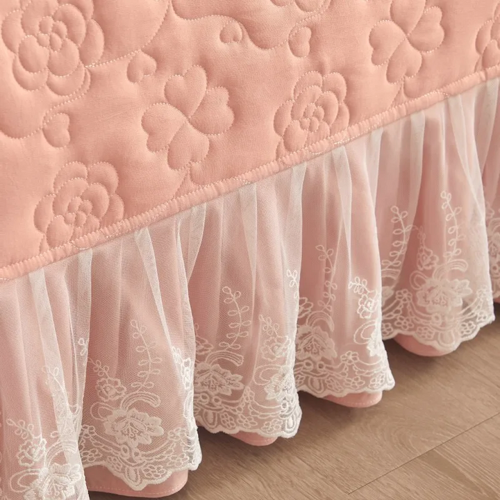 Luxury Quilted Cotton Bedspread with Lace Ruffle Trim in Blush Pink